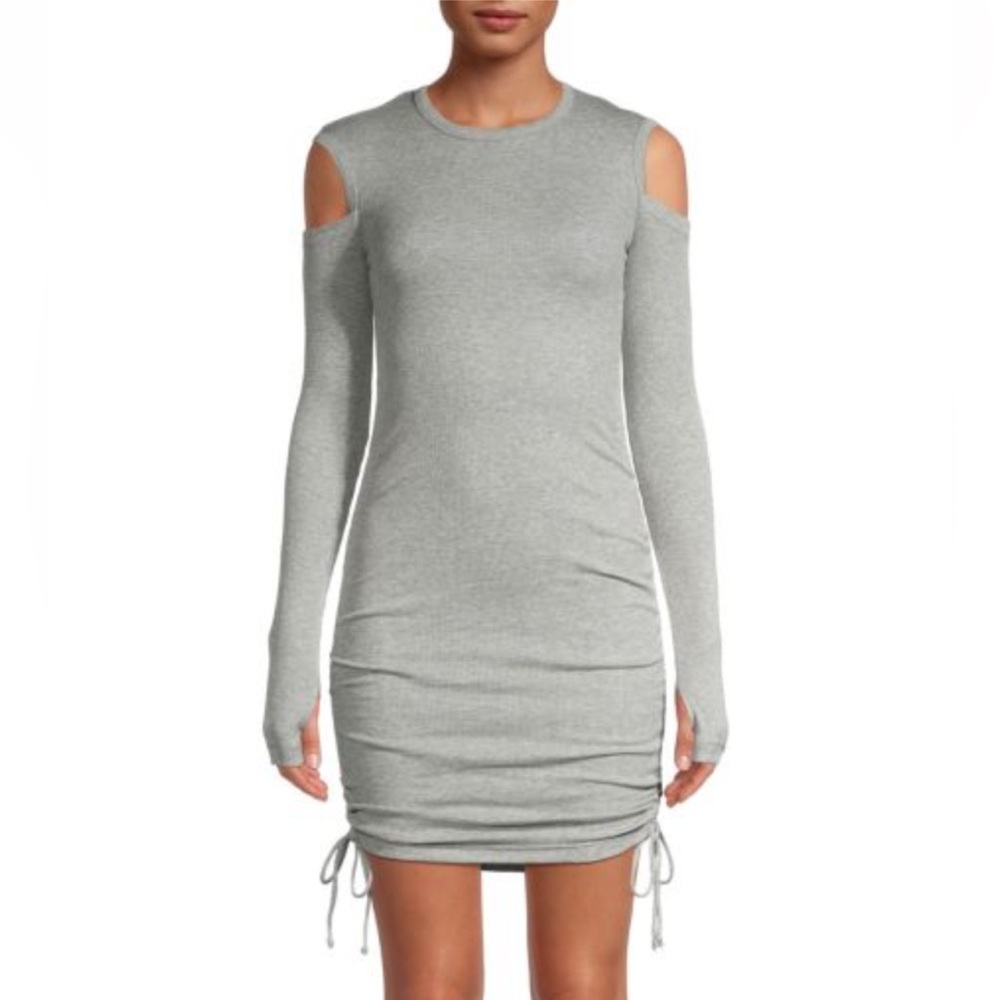 Helmut Lang Gray Ruched Rib-Knit Cotton dress